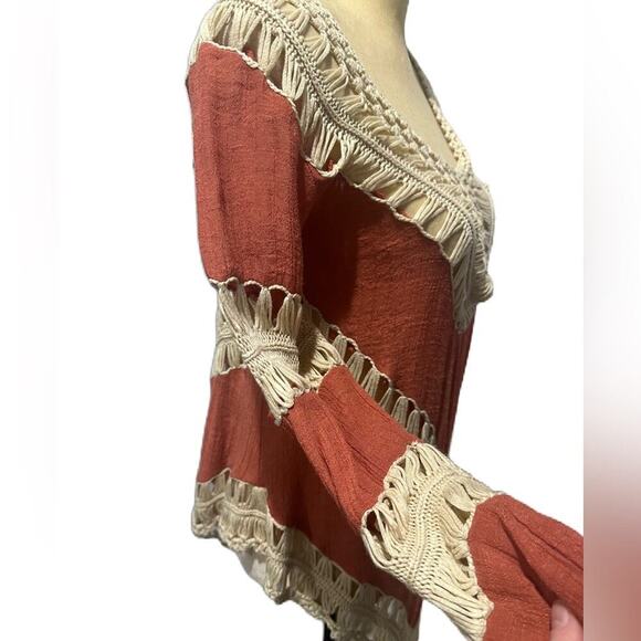 Umgee USA Boho Crochet Top Women's Size Small Rust Red Orange Tunic Beachy - Picture 3 of 7